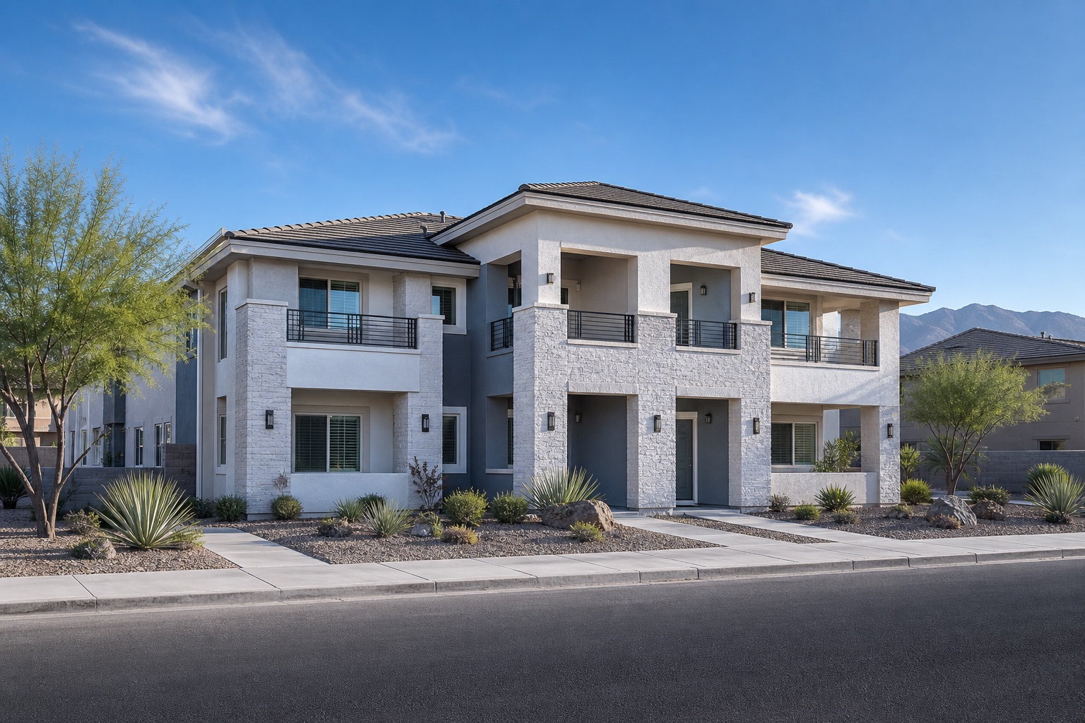 Contemporary fourplex with desert landscaping