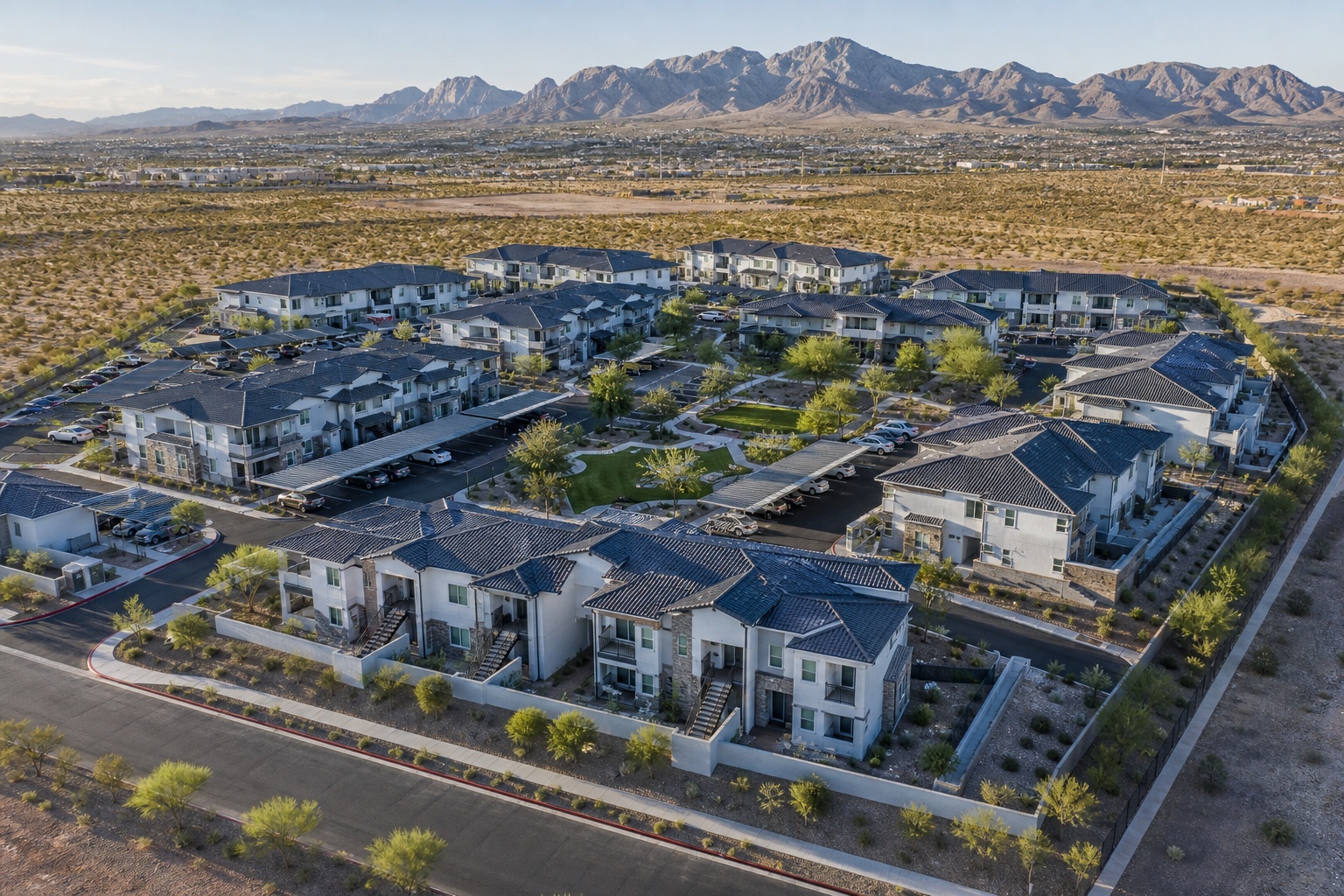 Aerial view of a low-rise multifamily community in the Southwest