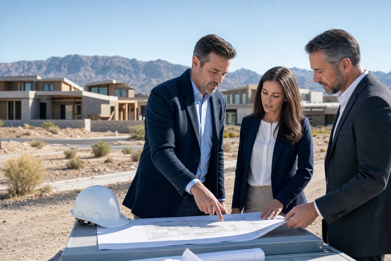 Real estate professionals reviewing plans at a development site